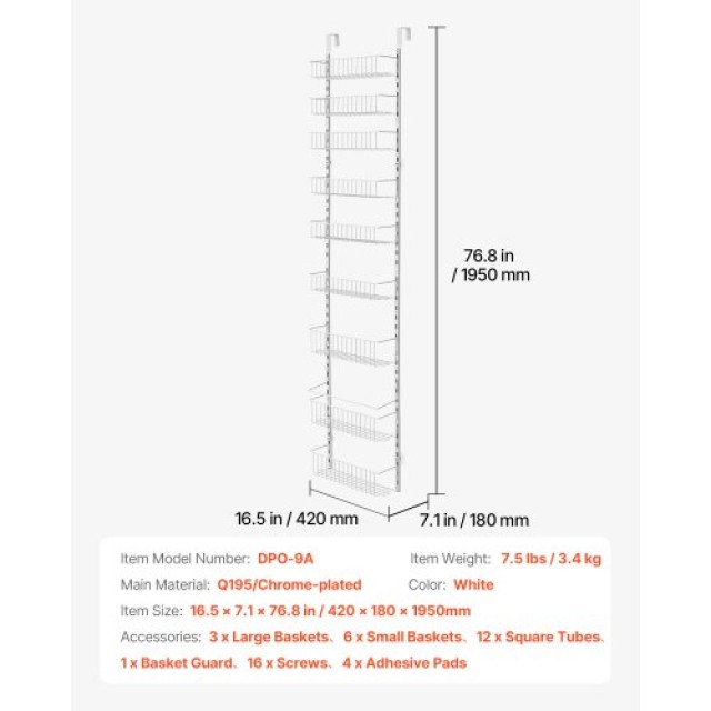 VEVOR 9-Tier Ρυθμιζόμενη Κρεμαστή Ραφιέρα Αποθήκευσης Πόρτας Παντοπωλείου MGCCJ9CBS000XN3NWV0