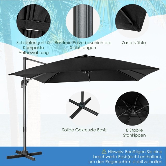 Costway Ομπρέλα Ήλιου 300 x 300 cm τετράγωνη με μανιβέλα Μαύρη NP11613DK