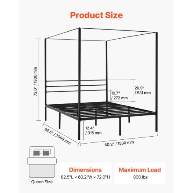 VEVOR Μεταλλικό Κρεβάτι Κουρτινών Queen Size με Τέσσερις Κολώνες - ...