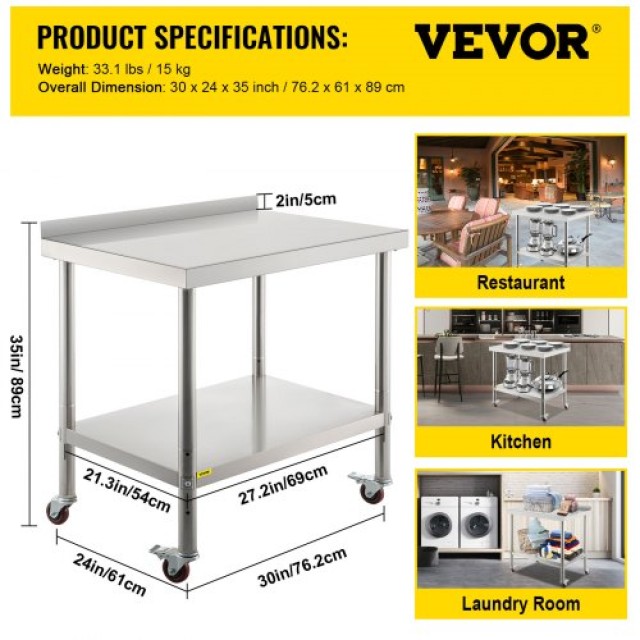VEVOR  Τραπέζι Εργασίας Ανοξείδωτο με Ρόδες 30x24x35, 440lbs, Ρυθμι...