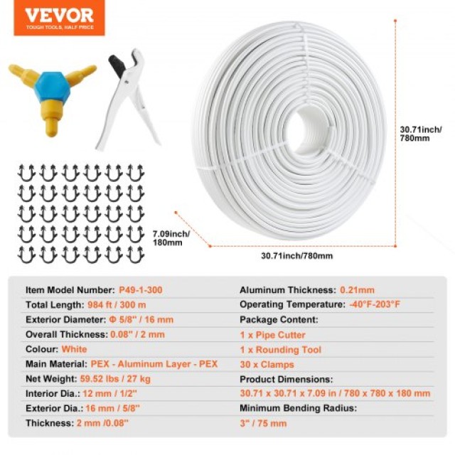 VEVOR Σωλήνας PEX-AL-PEX 984ft, 5/8 Διάμετρος, Σύνθετος Σωλήνας Αλουμινίου-Πλαστικού με Φράγμα Οξυγόνου για Ενδοδαπέδια Θέρμανση  LSGBSDDLP300ZT4CBV0