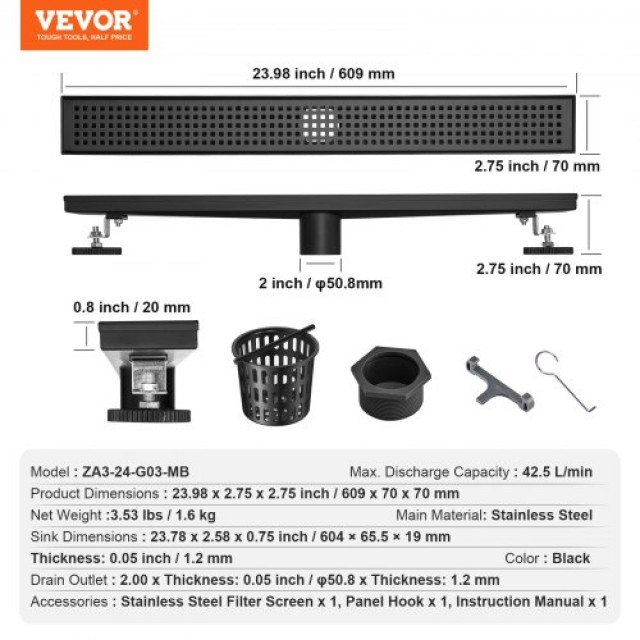 VEVOR Γραμμική Σχάρα Ντουζ 610mm, Μαύρη Ματ, Ανοξείδωτο Ατσάλι 304  XXPSGBXGHSCKFXQT9V0
