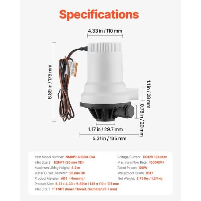 VEVOR Αντλία Ζωντανού Δολώματος Σκάφους 12V 1600GPH με 2 Εισόδους CYHSB1600GPH4IRDJV9