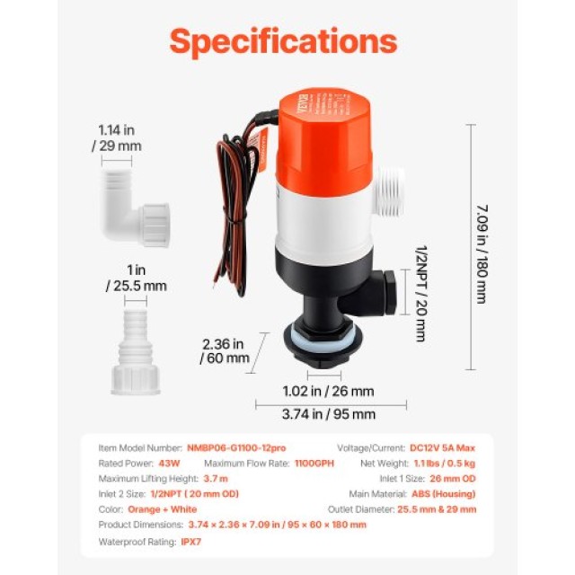 VEVOR Αντλία Ζωντανού Δολώματος Σκάφους 12V 1100GPH με 2 Εισόδους CYHSB1100GPHWGS9YV9