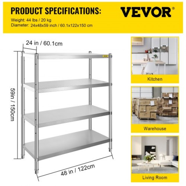 Ράφια Ανοξείδωτου Χάλυβα VEVOR, 4 Επίπεδα, 330lb ανά Ράφι  BXG4CHJ0000000001V0