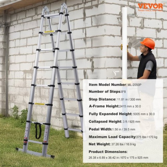VEVOR Τηλεσκοπική Σκάλα Επέκτασης 16.5 Ποδιών σε Σχήμα Α με Μπάρα Σταθεροποίησης για Τροχόσπιτο AZXSSLTNLSLKU0GPMV0
