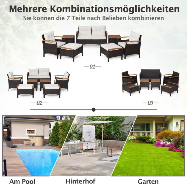 Costway Σετ κήπου από ρατάν με 2 καρέκλες, 2 σκαμπό, παγκάκι, τραπέ...