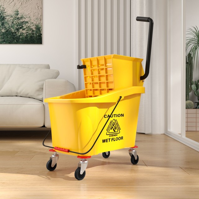 HOMCOM Επαγγελματικός Κουβάς Σφουγγαρίσματος 36L με Σφουγγαρίστρα, Στραγγιστήρι, Ρόδες και Χερούλι, 55x37x65 εκ., Κίτρινο 720-029V00YL