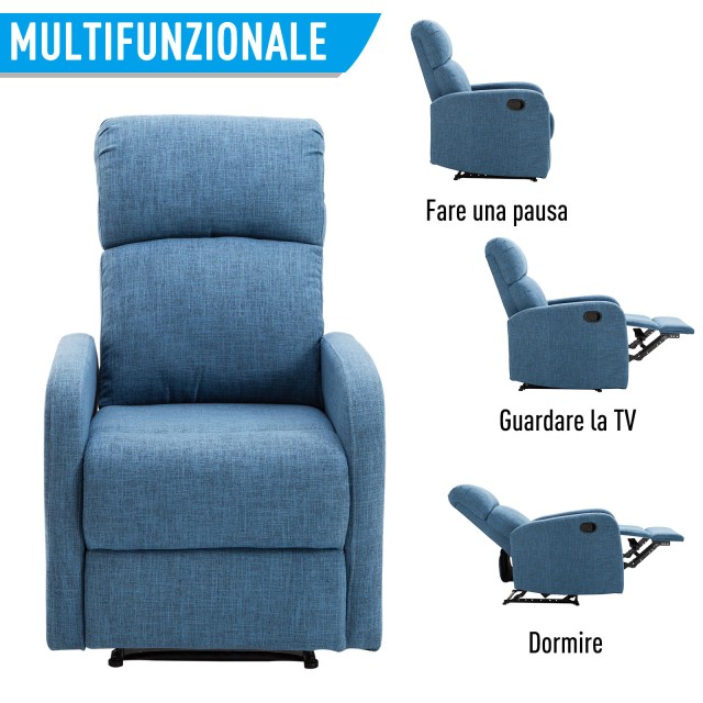 HOMCOM Manual Ανακλινόμενη Πολυθρόνα Relax με Χωρητικότητα Υποπόδιου 125kg Blue Fabric 66? 83 107 εκ 833-523BU