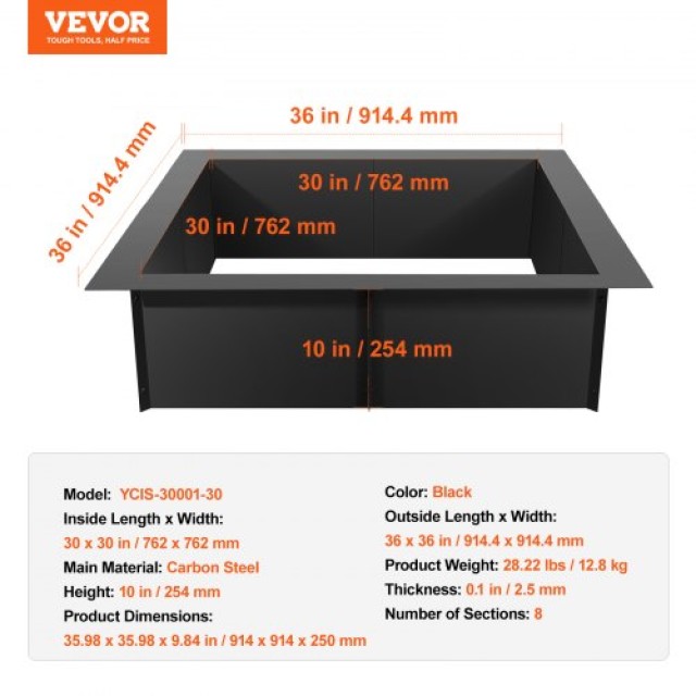 Τετράγωνο Δαχτυλίδι Πυράς VEVOR 36x36 in Εξωτερική Επένδυση Χάλυβα DIY Τζάκι Κατασκήνωσης  FXHH30INCH15XENIBV0