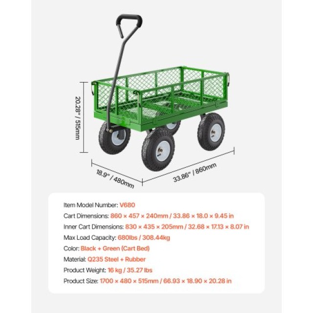 VEVOR Ατσάλινο Καρότσι Κήπου 680lb Βαρέως Τύπου με Ρόδες 10in ZXHYTCHH680LDM4Y8V0