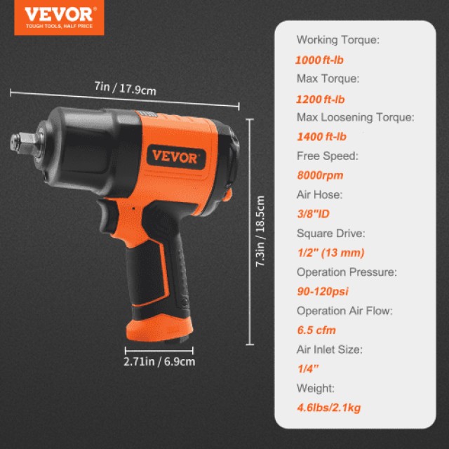 VEVOR Αερόκλειδο 1/2, 1400 ft-lbs, 4.6 lb, με Σετ Καρυδάκια & Θήκη  K1350N121650NFNRVV0