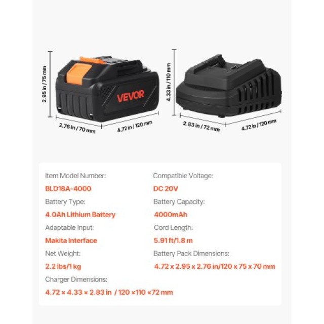 VEVOR Σετ Μπαταρίας και Φορτιστή 20V MAX 4.0 Ah Li-Ion Γρήγορη Φόρτ...