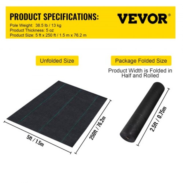 Υφασμάτινο Κάλυμμα Ζιζανίων VEVOR, 5 x 250 ft, 5 Oz, Μαύρο  FCBYCB52505OZJ81HV0