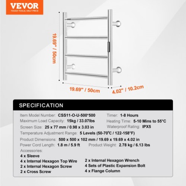 Θερμαινόμενη Κρεμάστρα Πετσετών VEVOR 4-Bar Τοίχου Ασημί  JRMJJBGS4GYS0WFHPV2