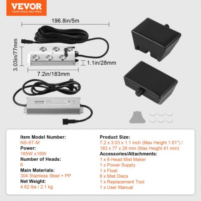 VEVOR  Υπερηχητικός Υγραντήρας 6 Κεφαλών 4500mL/H IP67 Αδιάβροχος CSBWHQ6TFSDFGMKLTV2
