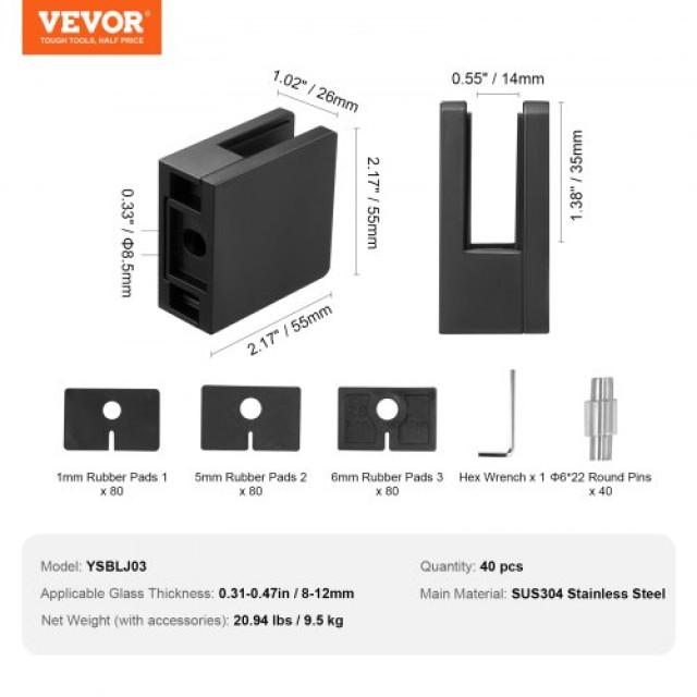 Σετ 40 Μαύρων Σφιγκτήρων VEVOR για Γυάλινα Κάγκελα (0.31-0.47)  BLZ...