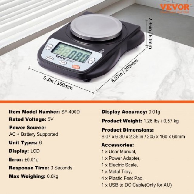Ζυγαριά Ακριβείας VEVOR 600g x 0.01g 6 Μονάδες Μετατροπής Ηλεκτρονική  SYSCHTP001G0QUY4VV2