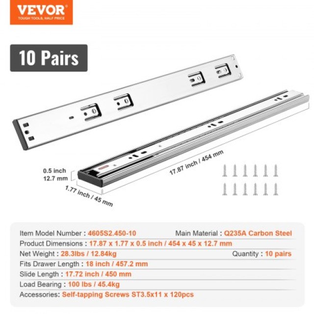 VEVOR  10 Ζεύγη Συρταροθήκες 457.2mm, Πλευρικής Τοποθέτησης, Βαρέως Τύπου, Αθόρυβες με Απαλό Κλείσιμο, 100lbs Φορτίο CZCJCTDG100L8MI5FV0