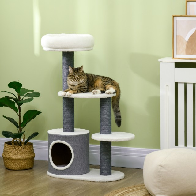 PawHut Cat Tree με κρεβάτι, σπίτι και στύλο, 55,5x30,5x98 cm, λευκό D30-621V00WT