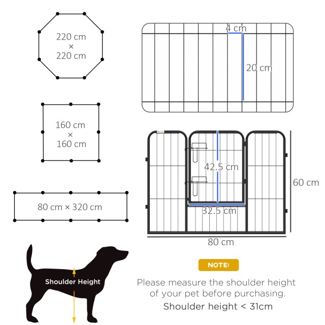 PawHut 8-Piece Modular Dog Run για εσωτερικούς και εξωτερικούς χώρους, ατσάλι, 80x60 cm, μαύρο D06-107V02BK