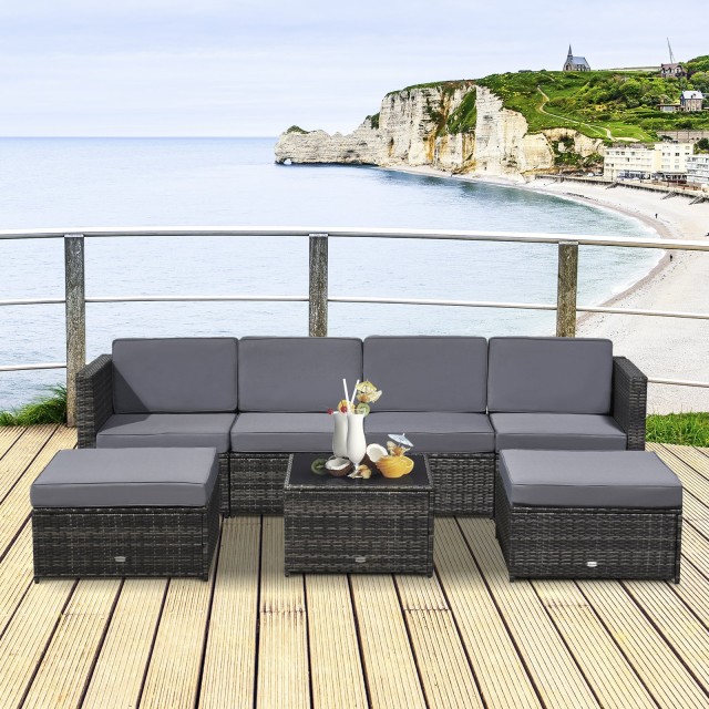 Outsunny Σετ 7 τεμαχίων Υπαίθριο Σαλόνι σε Rattan με Πολυθρόνα Πουφ Τραπεζάκι Σαλονιού Γκρι 860-002V01