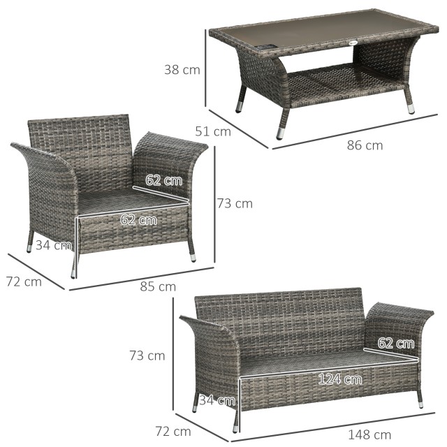 Outsunny Σετ κήπου 4 τεμαχίων Rattan και Steel με Τραπέζι σαλονιού 2 Επιπέδων, Καναπέ και 2 Καρέκλες 860-260V00GG
