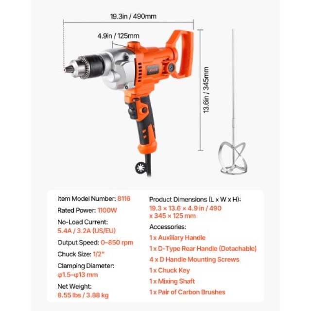 VEVOR Ισχυρό Μίξερ Τρυπανιού 1100W, 0-850 RPM για Μείξη Χρωμάτων FJ...