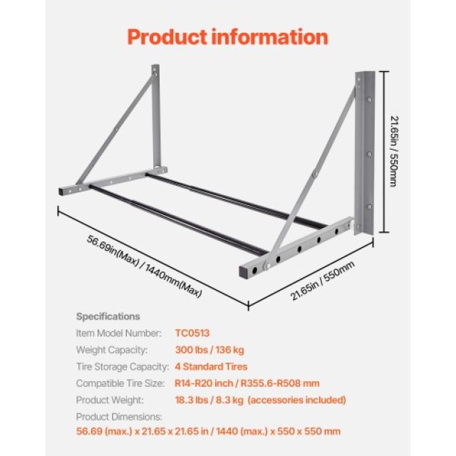 VEVOR  Ράφι Ελαστικών Τοίχου 32-48 Ρυθμιζόμενο για Γκαράζ  BGSLTJKD...