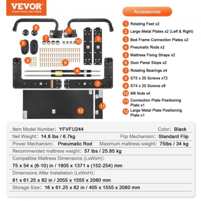 VEVOR  Κιτ Κρεβατιού Murphy Πλήρους Μεγέθους Κάθετο Deluxe DIY Συσκευή Τοίχου Αναδιπλούμενου Κρεβατιού MFCZDJGQDGZFJ51X8V0