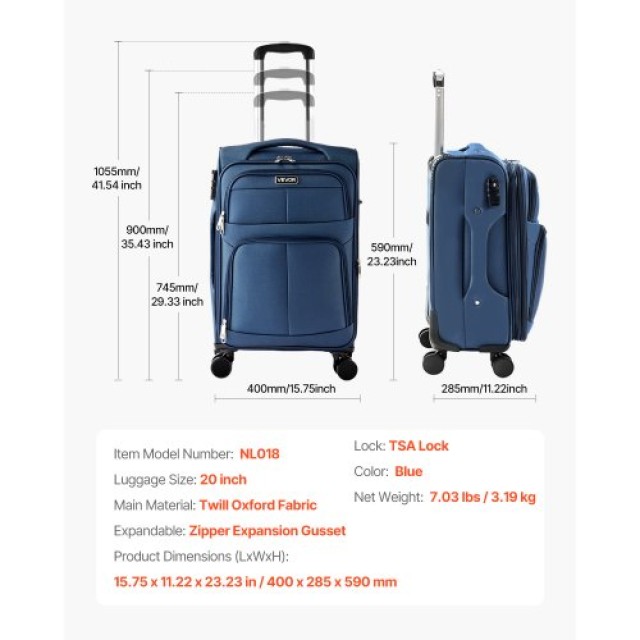 VEVOR Μπλε Επεκτάσιμη Βαλίτσα με Ρόδες 51cm BYKSTXBYLS20PROXL001V0