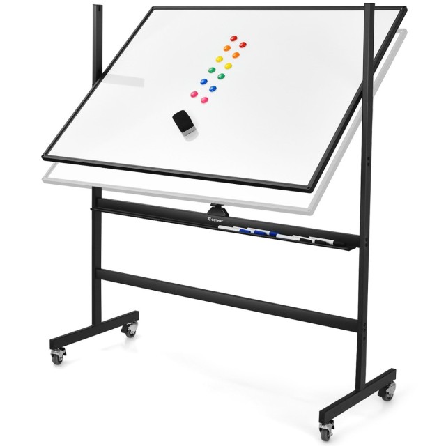 Costway  Μεγάλος Πίνακας Whiteboard 90 x 120 cm με Διπλή Όψη και Ρυθμιζόμενο Ύψος, Περιλαμβάνει Αξεσουάρ και Ρόδες για Εύκολη Μετακίνηση CB10389BK