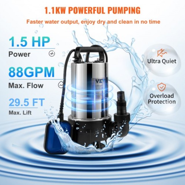 VEVOR Υποβρύχια Αντλία Νερού, 1100W, 20000L/H, με 10μ Καλώδιο και Αυτόματο Φλοτέρ, Ανοξείδωτη για Καθαρό/Βρώμικο Νερό  WSBBX15HP220VF22VV2
