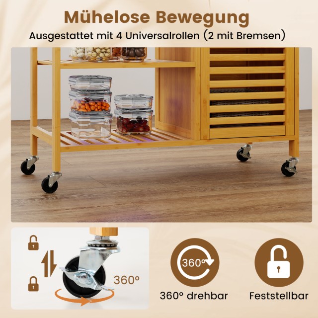 Costway Φυσικός Μπαμπού Τροχήλατος Κουζίνας με Συρτάρι και Ράφια KC...