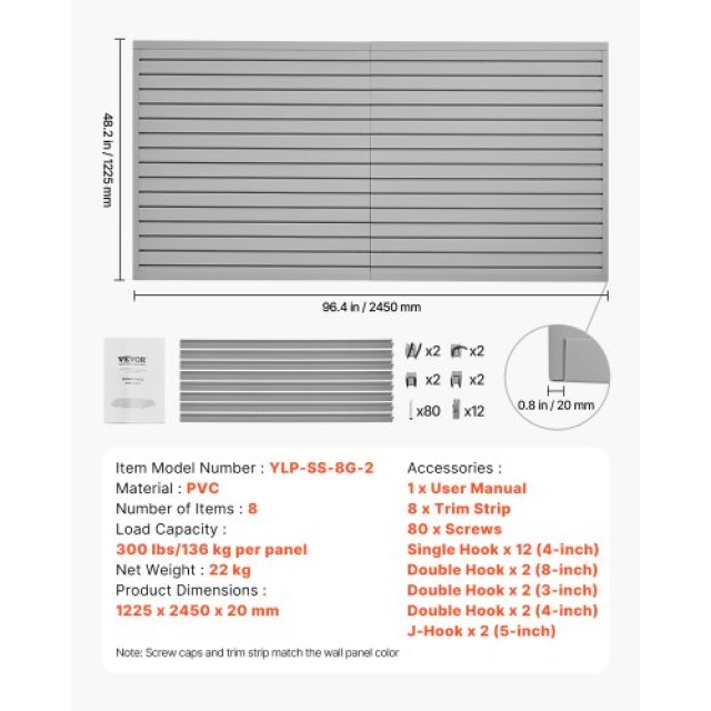 VEVOR Πάνελ Σχιστών Τοίχου PVC 8x4 ft Γκρι με Αξεσουάρ για Γκαράζ B...
