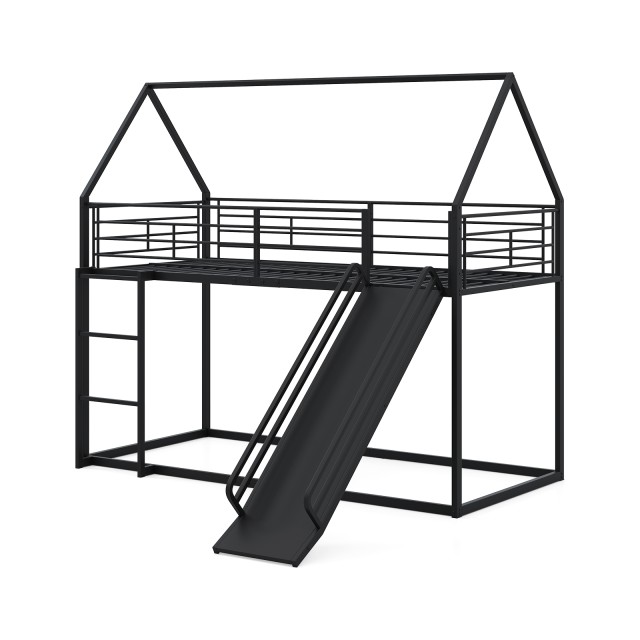 Costway Χαμηλό Κουκέτα-Haus με Τσουλήθρα, Ασφαλές Κάγκελο & Σκάλα 2...