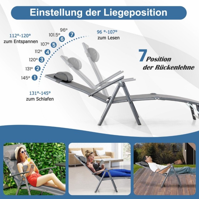 Costway Πτυσσόμενη Ξαπλώστρα με 7 Θέσεις 142 x 61 x 103cm Γκρι NP11138GR
