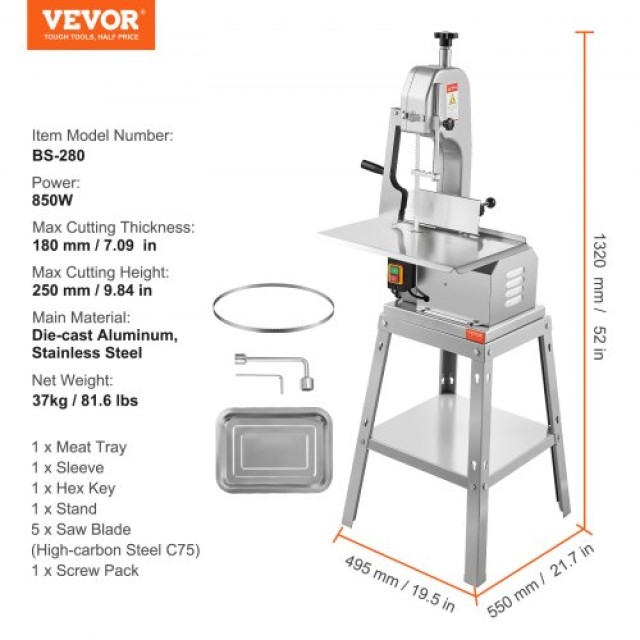 VEVOR 850W Επαγγελματικό Ηλεκτρικό Πριόνι Κρέατος & Οστών από Ανοξείδωτο Ατσάλι  LDSJRJ850WL0LAGK4V2