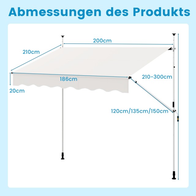 Costway  Χειροκίνητη Λευκή Βραχιονοτική Τέντα 200cm για Μπαλκόνι - ...