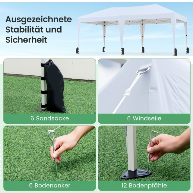 Costway Λευκή Αναδιπλούμενη Τέντα 3 x 6 m με Τσάντα με Ροδάκια και ...
