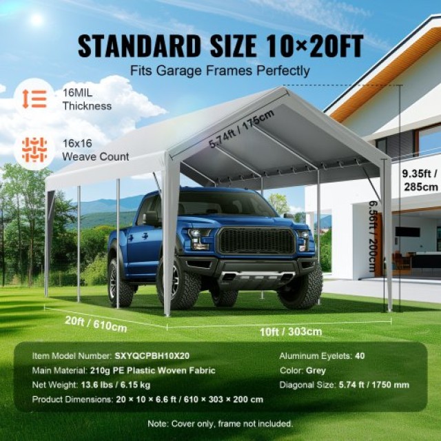 Αντικατάσταση Καλύμματος Carport VEVOR 10x20 ft, Αδιάβροχο & UV Προστατευμένο, Γκρι (Μόνο Κάλυμμα)  CKPB10X20FTH2ELL4V0
