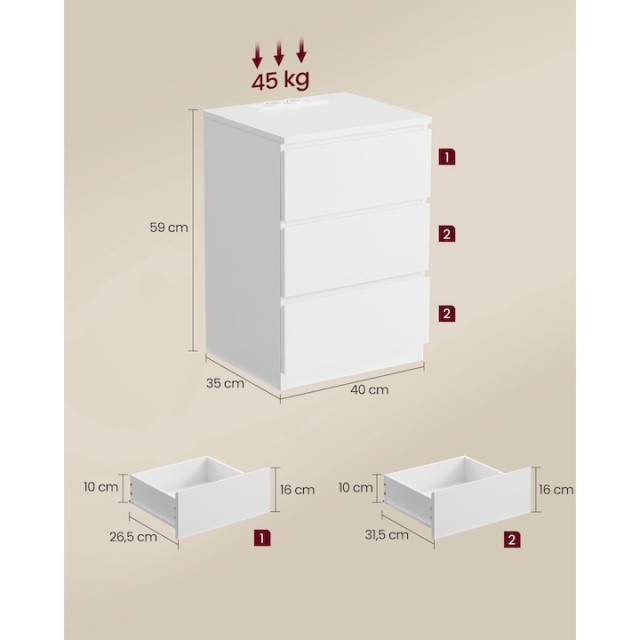VASAGLE Κομοδίνο 40x35x59cm με Πρίζα και USB Θύρες σε Λευκό Χρώμα LET831W14V1