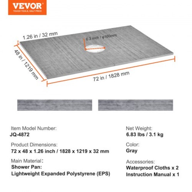 Σετ Ντουζιέρας VEVOR, 1219x1828mm με Κεντρική Αποχέτευση 160mm, Ελαφρύ EPS, 2 Αδιάβροχα Υφάσματα  LYAZDB4872YCFXDWCV0