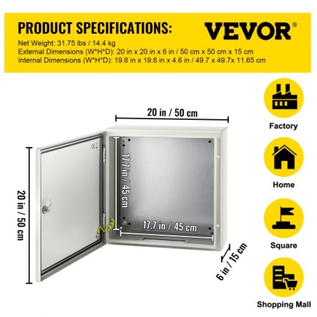 VEVOR NEMA Χαλύβδινο Κουτί 20x20x6 NEMA 4X, IP66 Αδιάβροχο & Ανθεκτικό στη Σκόνη, Ηλεκτρικό Κουτί Εξωτερικού/Εσωτερικού Χώρου με Πλάκα Στήριξης  DQXJSTCFS50X50X15V0