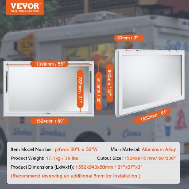 VEVOR  Παράθυρο Εξυπηρέτησης 60x36 με Τέντα για Καντίνα/Φορτηγό Φαγητού FWCK60X36INC9GIVDV0