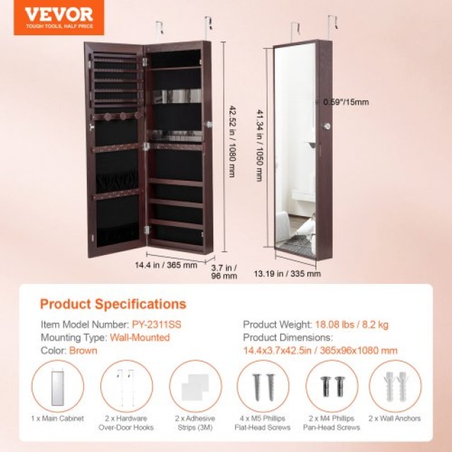 VEVOR  Κρεμαστή Καφέ Κοσμηματοθήκη με Καθρέφτη και Κλειδαριά 42.52in BGSZBSNJ1454C347EV9
