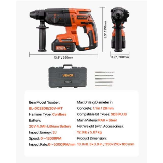VEVOR 20V SDS-Plus Ασύρματο Περιστροφικό Σφυρί Δράπανο Kit DC20WSDC...
