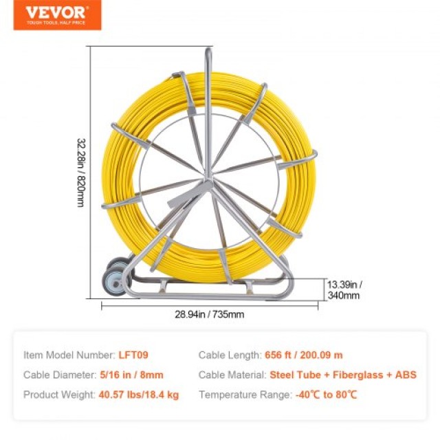 VEVOR Ταινία Ψαρέματος από Φίμπεργκλας 200 μέτρα 8 χιλιοστά για Τράβηγμα Καλωδίων και Διέλευση από Σωλήνες DZJYDNBLXW5148CANV0