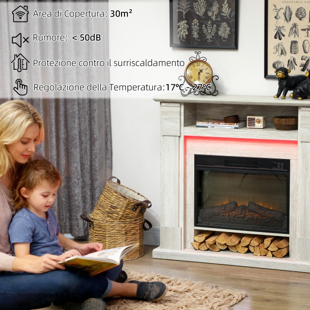 HOMCOM Καμινέτο Ηλεκτρικό 1800W Ρυθμιζόμενο με 3D Φλόγα, Ράφι, Χρον...