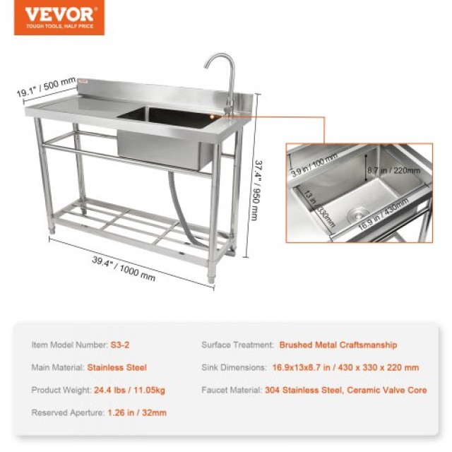 VEVOR Επαγγελματικός Νεροχύτης Ανοξείδωτος με Πάγκο, 100x49x95 εκ.  DSCDGZTYDC394BJ9UV0